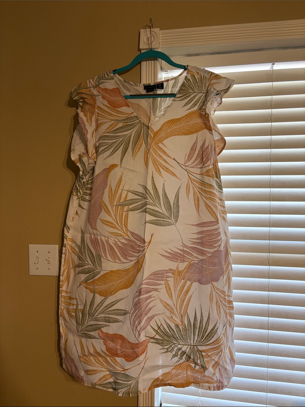 Woven Leaf-Print Dress in Cream/Mustard; 100% Linen